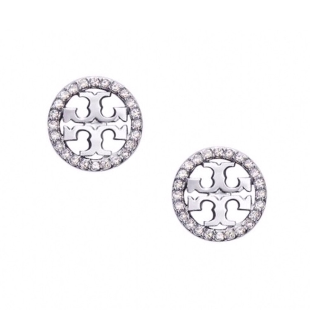 Tory Burch •  Silver Crystal Circle Logo Earrings